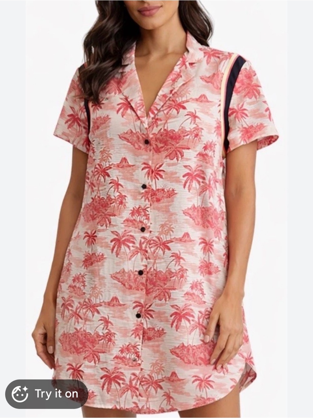 Scotch & Soda Palm Print Button-Front Shirt Dress in Coral